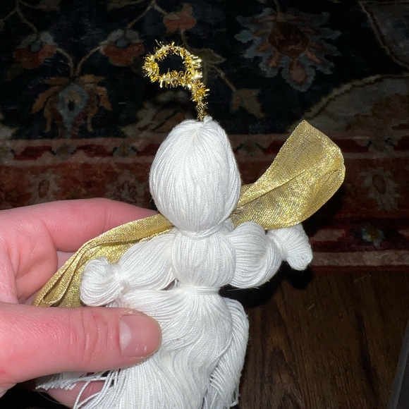 Vintage White Woven Angel Ornament with Gold Tassel and Bow - Picture 4 of 4